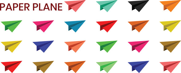 Set of colorful arrows.  Various paper airplane flight in different directions. Hand-drawn,  Simple Paper Airplanes ,  Paper plane route.  Doodle origami traveling. Colorful Folded Paper Planes.  © Shreya