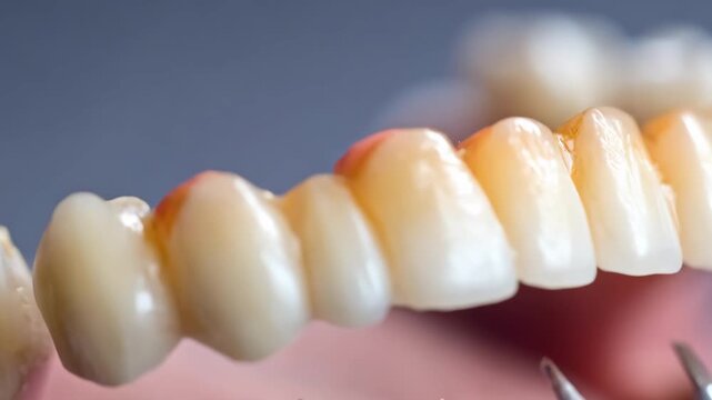Setting of immediate denture teeth on wax baseplate medium focus on acrylic teeth placement with blurred dental tools in background.