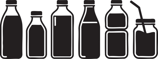 Black Bottles and Jars on White Background