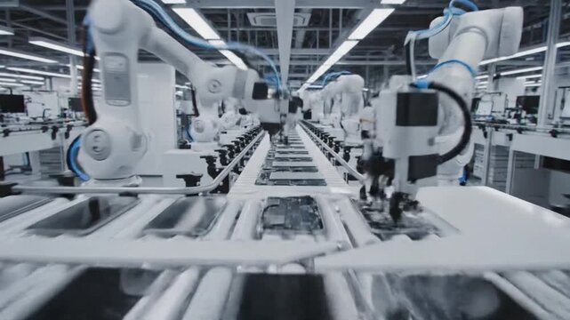 Automated robotic arms assemble electronics on a fastmoving conveyor in a high-tech precise factory!