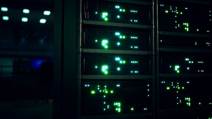 Fototapeta premium Bright green lights illuminate the sleek surfaces of a data center. The scene captures the essence of advanced technology and data processing, highlighting a world of information.