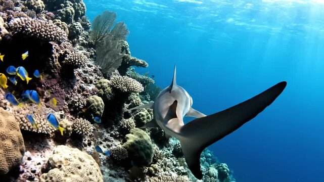 Reef shark gliding over coral reef with tropical fish and sunlight beams through clear blue ocean underwater marine life scene with coral, fish, shark, sea fan, sunlit tropical blue reef