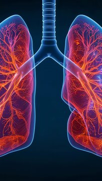 Vertical video: Animating trachea and lungs on blue at start, pulsing bronchi vessels to show flow