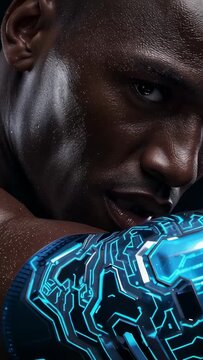 Vertical video: Camera rolling shirtless man sweating, pressing on blue gauntlet in studio for ad