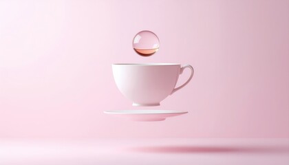 Floating White Teacup with a Droplet Above it on a Soft Pink Background for Minimalist and Modern Aesthetic