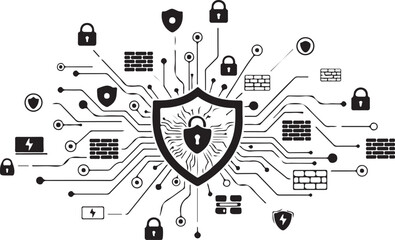 Fototapeta premium Cybersecurityconceptwithshieldandlockiconsconnectedtocircuitboarddesignelements