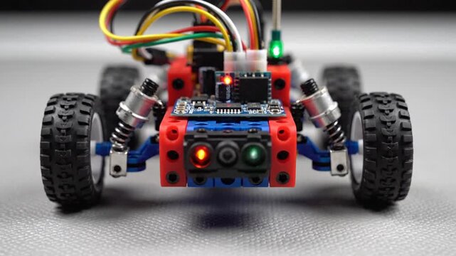 Front view of a small wheeled robot chassis with red and blue bricks, exposed wires, and LED panels
