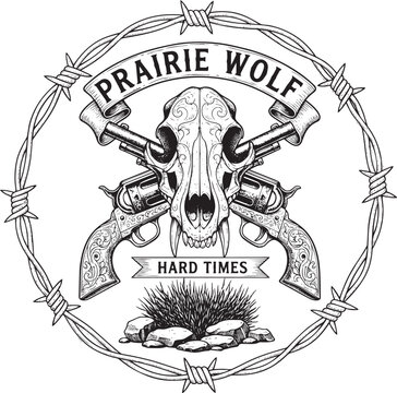 Vintage Prairie Wolf Illustration with Crossed Guns and Wolf Skull in Wreath Emblem Vector Graphic