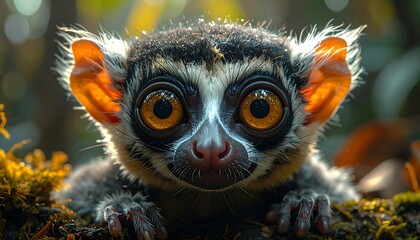 Fototapeta premium Close-up of a tiny, wide-eyed primate with large, luminous orange eyes peering forward, perched on moss-covered branch in vibrant green foliage