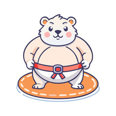 Fototapeta premium A tiny, round fluffy hamster wearing a traditional sumo belt, standing in a strong wrestling stance on a circular mat.