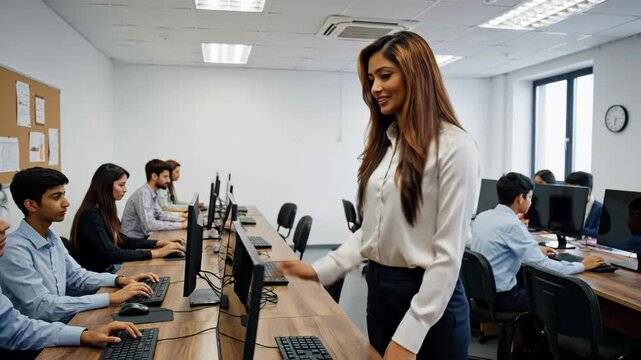 Female teacher standing in computer lab with students working on computers