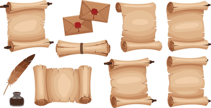 Vintage parchment scroll and old letter set with envelopes, feather quill and ink bottle vector illustration