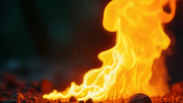 Video A close-up shot of a burning fire with rocks and possibly other debris in the foreground, great for use in scenes where warmth is needed