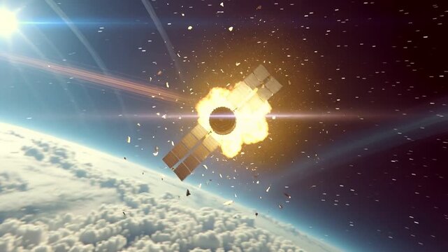 Close Up of Satellite Being Destroyed by Laser Impact in Space