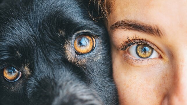 Dog owner woman and black dog bonding, eyes reflecting deep connection, depicting pet ownership and friendship