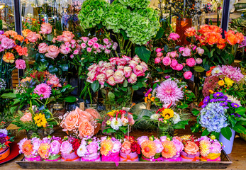 Colorful flowers arranged in a shop window display with various plants and flowers for customers to see during the day