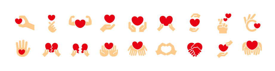 ハートと手の様々な組み合わせのイラストレーション