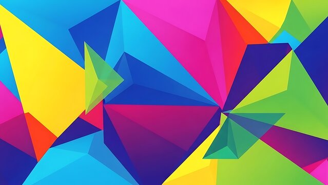 colorful geometric shapes, vibrant triangles, abstract polygonal pattern, dynamic composition, vivid colors, digital art, sharp edges, low poly design, kaleidoscopic effect, contemporary abstract back