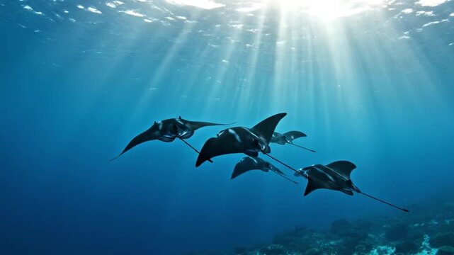 Ocean ray group swimming sunlit blue ocean with manta ray gliding, sunlight beam and coral seafloor visible. aerial sunbeams illuminate graceful manta ray companions over serene underwater sea scene