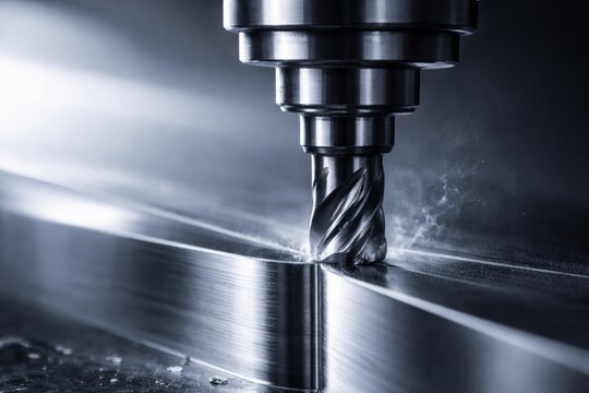 Macro shot of a rotating end mill carving a smooth metallic workpiece with sparks and mist, symbolizing high precision engineering, durability, and advanced industrial technology.