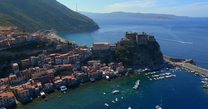 Aerial view of the town of Scilla, in the province of Reggio Calabria, Italy. It is a popular tourist destination located on a promontory at the northern entrance to the Strait of Messina.