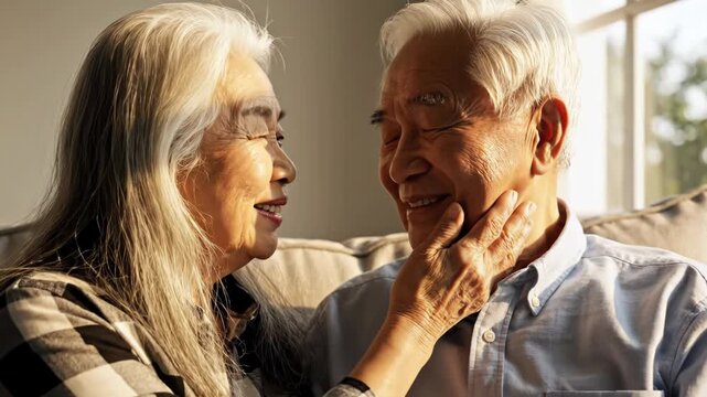 Happy elderly couple dancing together on the sofa
