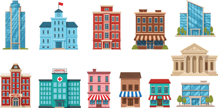 City building vector set with modern skyscrapers, hotel, hospital, school and commercial architecture illustration collection
