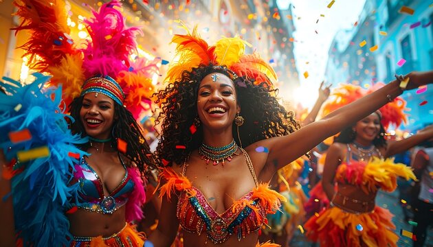 Women performers dancing joyfully in bright carnival costumes with feathers and a festive atmosphere