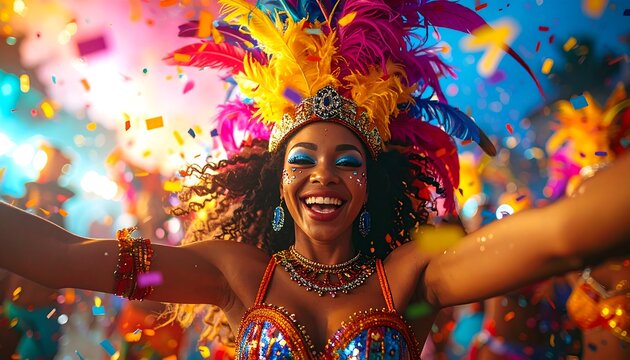 Woman celebrating a festival wearing a colorful costume with feathers while dancing joyfully in a crowd