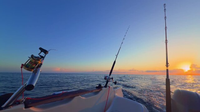 Offshore trolling fishing at sunset with rods on boat in open sea