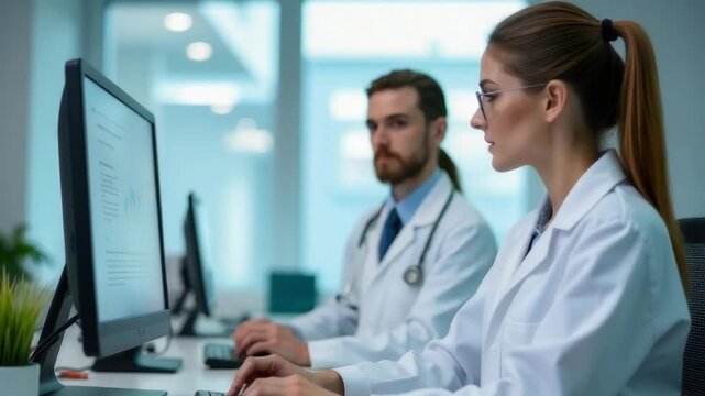Video Two medical professionals at workstations analyzing patient data