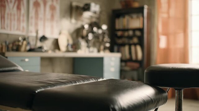 Medium shot of a private examination room with a neatly arranged exam table medical instruments and a general anatomy chart softly blurred in the background.