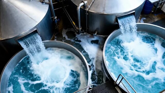 Overhead view of large steeping vessels with frothy water flowing in and out emphasizing the controlled fermentation process and industrial scale production.