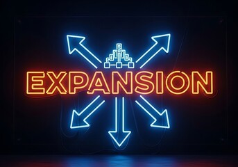 Fototapeta premium Neon 'Expansion' sign with arrows and graph symbolizing growth and progress in a dark environment viewed straight on