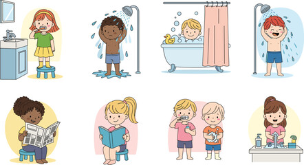 Kids daily hygiene routine activities bathing brushing teeth reading and washing hands vector illustration set