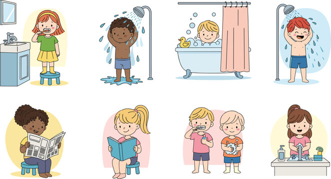 Kids daily hygiene routine activities bathing brushing teeth reading and washing hands vector illustration set