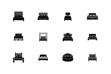 Bedroom Furniture and Bed Frame Silhouette Vector Icon Set