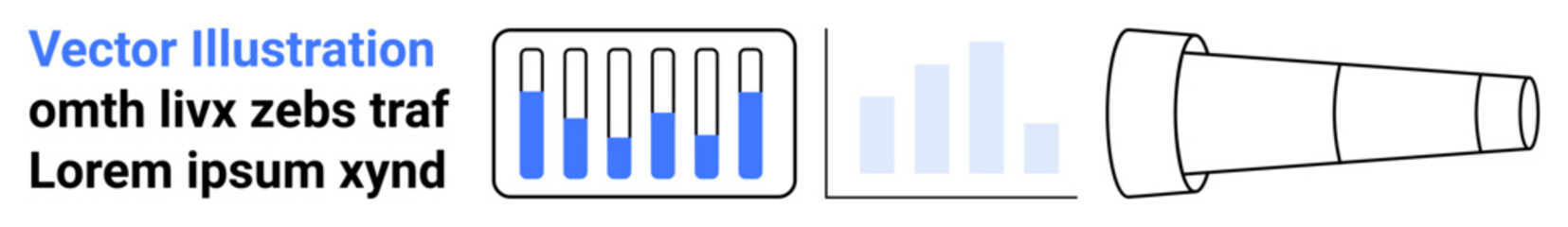 Bar chart with blue highlights, abstract bar graph, and telescope exploring growth and discovery. Ideal for business analytics, research, forecasting, success, strategy, exploration simple landing