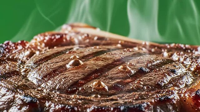Juicy grilled steak with grill marks and steam rising.