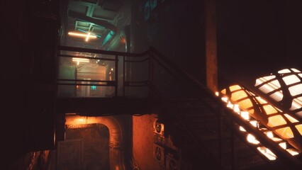 Obraz premium A dimly lit industrial hallway features illuminated neon lights reflecting off metallic surfaces, creating a haunting yet captivating atmosphere. Shadows dance along the walls, deepening the mystery.