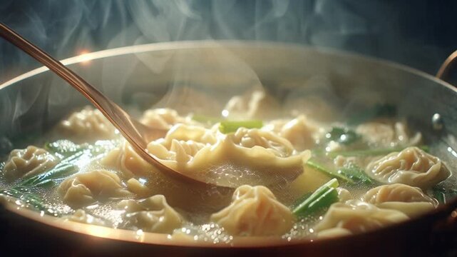 Steaming Dumplings in a Copper Pot with Rising Mist and Green Onions