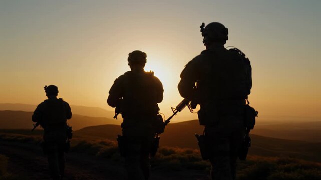 Soldiers patrol a mountain landscape at sunset in a military operation in the region