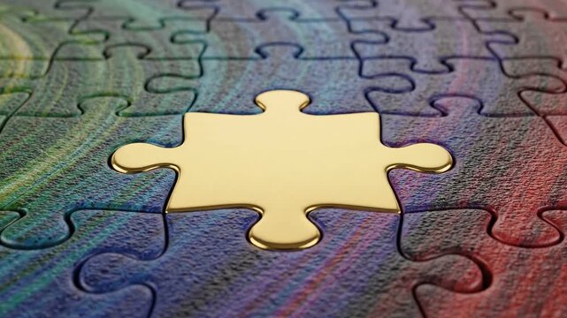 Golden puzzle piece finding its proper place finishing the colorful jigsaw concept solution success