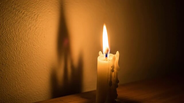 Flickering candle flame casting an uneven shadow on a textured wall. Warm atmospheric light for meditation or remembrance.