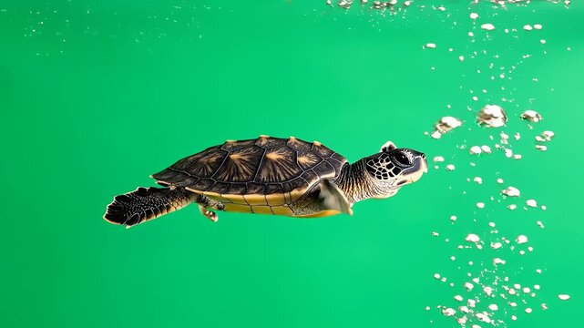 A captivating underwater view of a baby sea turtle swimming gracefully.