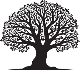 Obraz premium A black tree silhouette with intricate branches and lush leaves standing as a majestic oak symbol for nature growth environment conservation and organic life designs