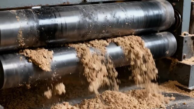 Medium shot of parallel steel rollers crushing coarse grain into meal highlighting industrial texture and motion in a traditional milling process.