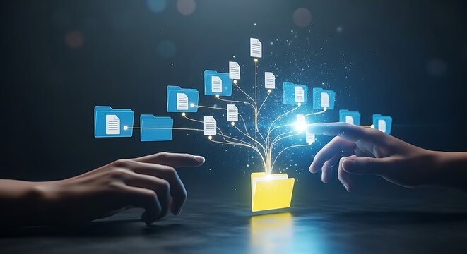 Two hands interacting with a glowing yellow folder and interconnected blue files in a digital network