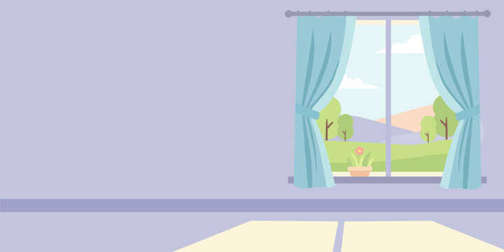 Interior of a room with a window showing a bright green landscape. Flat cartoon style for spring theme design, nature concept.