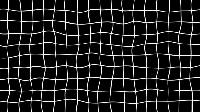 Abstract white wireframe grid pattern on black background. Wiggling lines grid loop animated black background. Seamless loop 4K